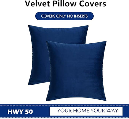 HWY 50 Navy Blue Velvet Throw Pillow Covers 20x20 Inch, Pack of 2 Soft Cozy Solid Decorative Luxury Cushion Cases for Couch Sofa Bed Living Room Bedroom