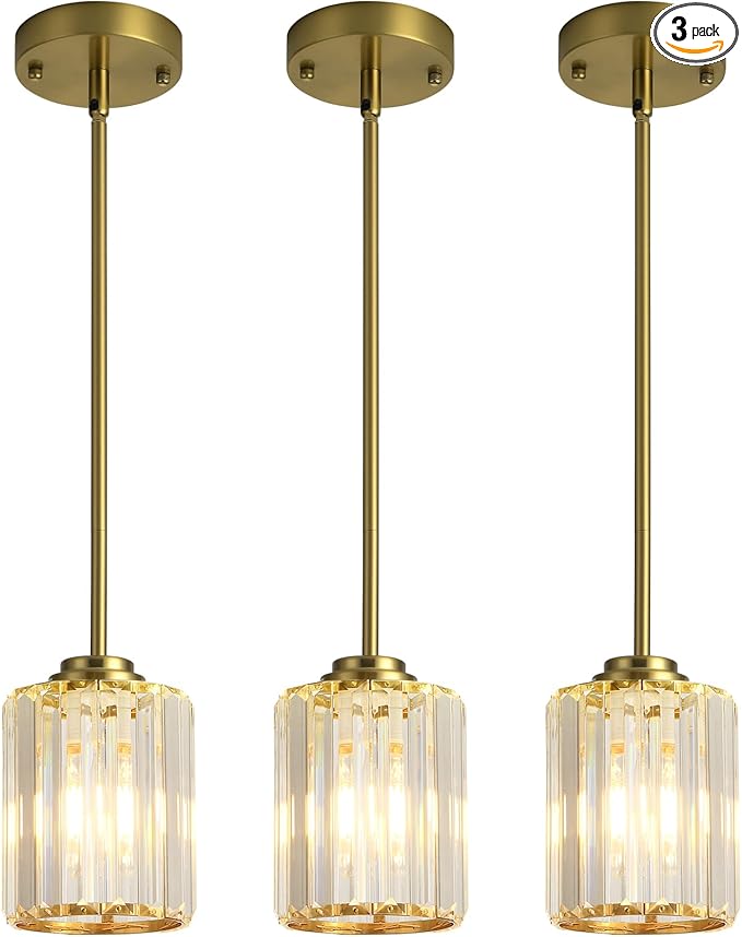 Pendant Lights Kitchen Island 3 Pack, Gold Modern Crystal Mini Chandelier Ceiling Hanging Pendant Light Fixtures for Kitchen Hallway Dining Room Bedroom