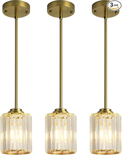 Pendant Lights Kitchen Island 3 Pack, Gold Modern Crystal Mini Chandelier Ceiling Hanging Pendant Light Fixtures for Kitchen Hallway Dining Room Bedroom