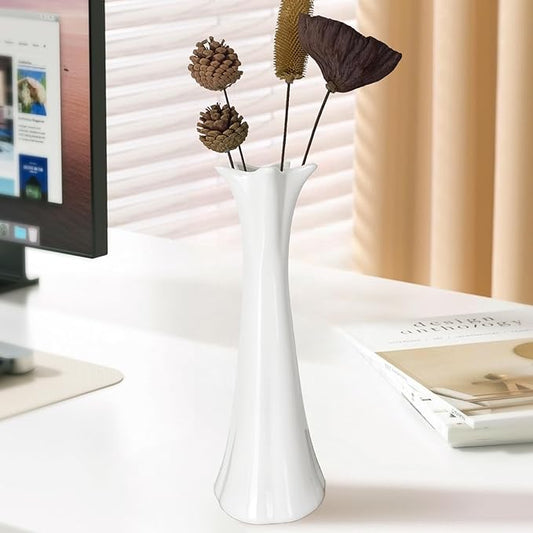 12Inch Tall White Ceramic Vase for Home Decor, Modern Textured Vase for Living Room, Farmhouse, Shelf, Table Centerpieces