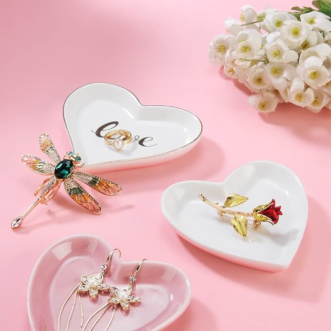 Blank Engagement Wedding Ring Dish for Newlyweds, Heart Shaped Home Decor, Ceramic Jewelry Holder Trays-Sweet Gift for Women, NO ROSE, White.