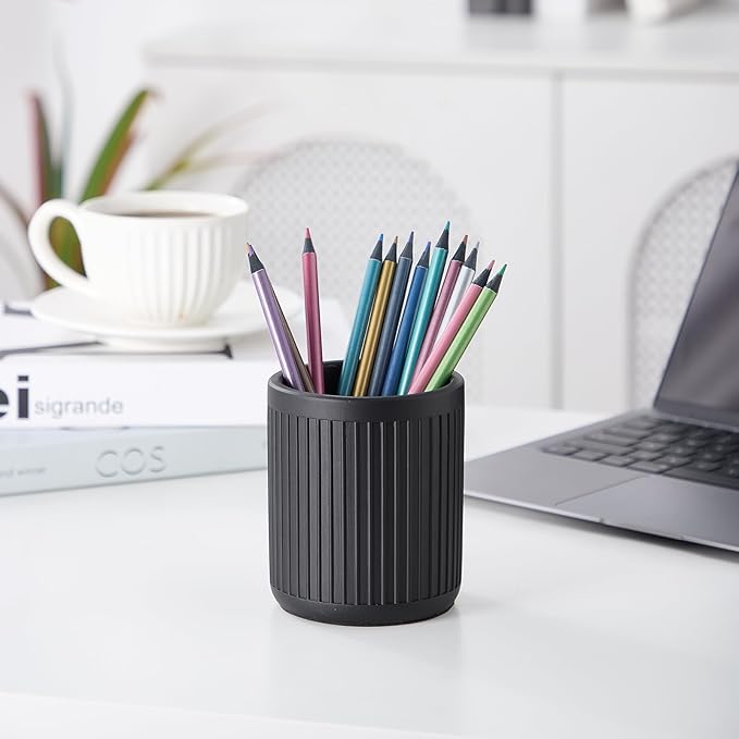 Aotea Crafts Concrete Modern Industrial Pen Holder for Desk - Aesthetic Charcoal Black Pencil Holder for Desk- Handcrafted Cement Fluted Pen Cup Organizer - Minimalist & Durable
