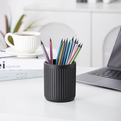 Aotea Crafts Concrete Modern Industrial Pen Holder for Desk - Aesthetic Charcoal Black Pencil Holder for Desk- Handcrafted Cement Fluted Pen Cup Organizer - Minimalist & Durable