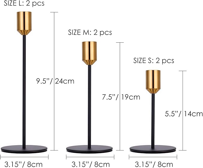 Candle Holders,Set of 6 Candlestick Holders for Taper Candles, Brass Gold Black Modern Decorative Candle Stick Holder for Table, Mantel, Wedding, Dinning, Party(Candles are not Included)