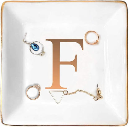 ANOTION Jewelry Tray Ring Dish with Ini-tial Gift- Personalized Trinket Dish and Jewelry Dish with Gold Initials Key Bowl Ceramic Holder, Unique Wedding or Engagement Present