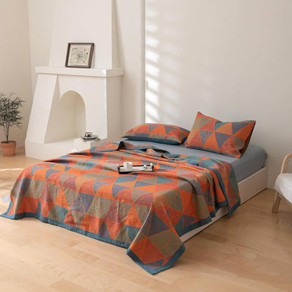 100% Cotton Muslin Blanket Jacquard Bohomian Mandala Triangle Quilt, Soft Bed Cover 3 Layers Reversible Bedspread Coverlet Breathable Lightweight Bedding Twin(59"x94"), No Pillow Sham