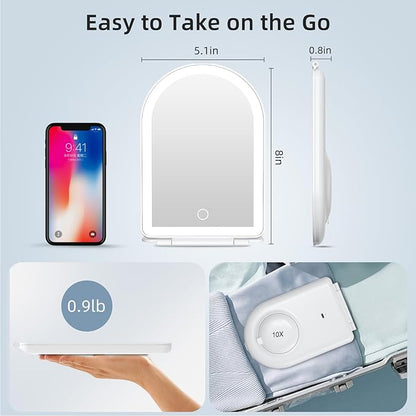 FUNTOUCH Rechargeable Travel Makeup Mirror with Lights,Portable Lighted Compact Mirror with Small 10X Magnification,3 Color Lighting, Dimmable Touch Screen, Tabletop LED Folding Cosmetic Vanity Mirror