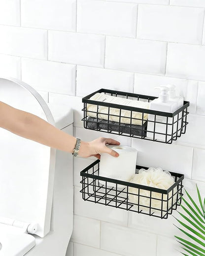 Hanging Wire Storage Baskets, Metal Wall Organizer, Adhesive Wall Storage Shelves for Kitchen, Bathroom Pantry (Spice Rack, Cabinet Organizer, Shower Caddy) Black-2 Packs