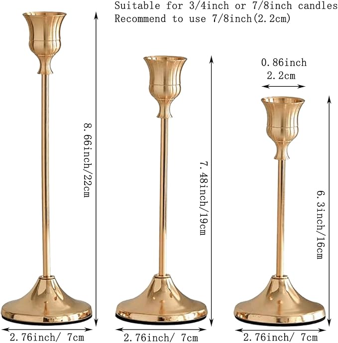 3 Sets(9 Pcs) Gold Candlestick Holders - Brushed Metal Taper Candle Holders with Anti-Slip Base, Vintage Brass Candle Stick Holder for Wedding Centerpieces, Dining Table, Fireplace & Mantel Dec