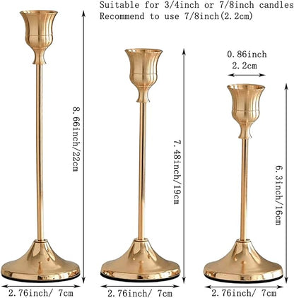 3 Sets(9 Pcs) Gold Candlestick Holders - Brushed Metal Taper Candle Holders with Anti-Slip Base, Vintage Brass Candle Stick Holder for Wedding Centerpieces, Dining Table, Fireplace & Mantel Dec