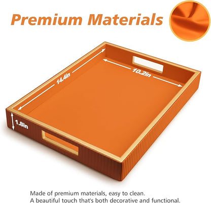 SANZIE Leather Tray Desktop Storage Organizer Premium Serving Tray Decorative Tray Valet Tray for Sundries Cosmetics Phone Wallet Cutlery, Rectangular, Orange