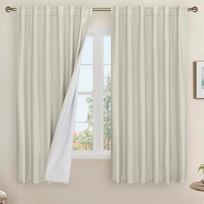 LAMIT 100% Blackout Natural Linen Curtains, 63 Inches Linen Textured Thermal Bedroom Curtains Back Tab and Rod Pocket Neutral Panels with White Liner for Farmhouse, 2 Panels, 52 x 63 Inch, Stone