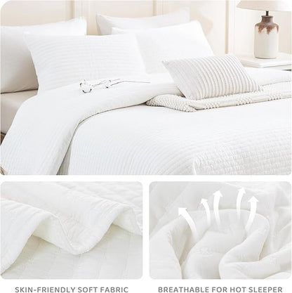 Sanracie Stonewashed Oversized King Quilt(120"x120"), Cotton Milk White California King Quilt Coverlet Sets 3Pcs Ultra Soft Crinkle Cross Stitch Bedspreads Sets for All Season