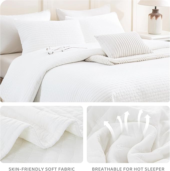 Sanracie Stonewashed Cotton Quilt Set King Size(110"x98"), Milk White Quilt Coverlet Bedding Set Cross Stitch Pattern 3Pcs Lightweight Crinkle Quilted Bedspread Set for All Season