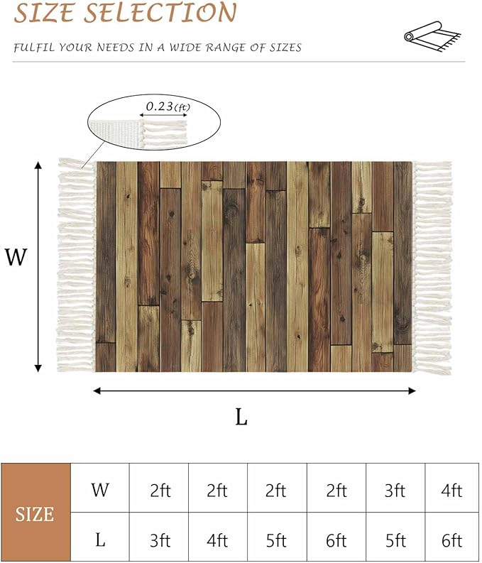 Brown Entryway Rug 2X3 Ft Bathroom Mat, Washable Woven Vintage Country Wooden Grain Throw Carpet with Tassel, Non-Shedding Farmhouse Cabin Retro Plank Stitching Art Indoor Outdoor Kitchen Doormats