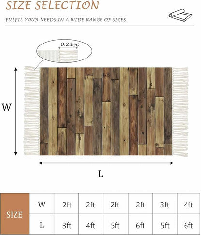 Brown Hallway Runner Rug 2X6 Ft Kitchen Carpet, Washable Woven Vintage Country Wooden Grain Throw Carpet with Tassel, Non-Shedding Farmhouse Cabin Retro Plank Stitching Art Bedroom Laundry Rugs