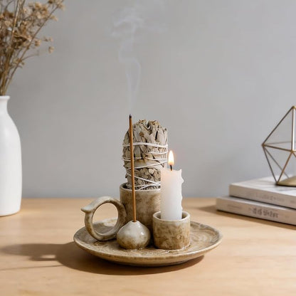 4.1-Inch 5-in-1 Ceramic Smudge Bowl-Versatile Incense Stick Holder and Smudging Dish for Palo Santo and Sage–Ideal for Zen Altar, Meditation,Yoga, and Aromatherapy–Easy to Clean Brown Design