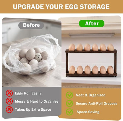 PEKER Wooden Egg Holder, 2-Tier Countertop Egg Rack, 24-Egg Capacity (Paulownia Wood), Farmhouse Kitchen Organizer for Fresh Eggs