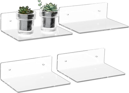 9 Inch Clear Wall Shelves, Acrylic Small Floating Shelf, Home Wall Display Shelf for Storage, Room Décor, Space Saving, Items Organizer, Bathroom Organizer, 4 Pack