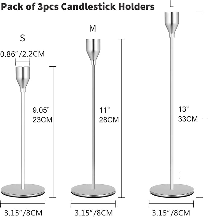Sliver Candlestick Holders 3pcs Taper Candle Stick Holder Set, Mantel Candlestick Holder Set for Table Centerpiece, Modern Tall Candle Decor for Wedding/Party/Dinning/Anniversary