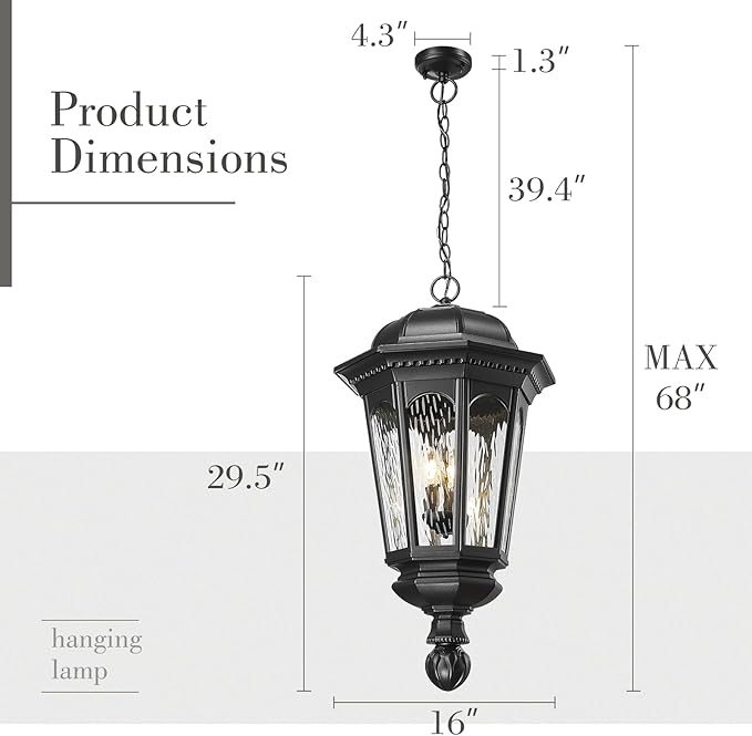 Emliviar 3-Light Outdoor Pendant Light, Classic Adjustable 29.5" Lighting Fixture Ceiling Hanging with Water Ripple Glass Shade in Black Finish, E12, XE304H BK-SW