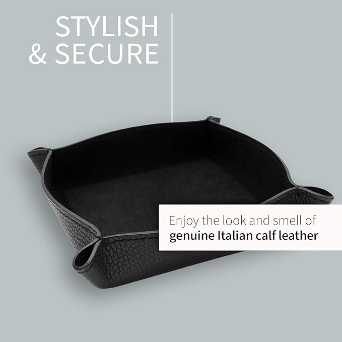 Maruse Italian Tumble Leather Valet Tray Organizer, Office Desk Accessory, Durable Leather Handmade in Italy (Black)