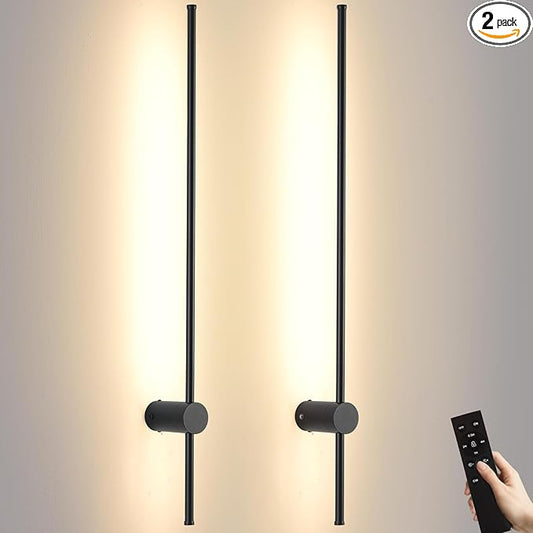 LED Wireless Wall Sconce with Remote Control, Dimmable/350° Rotate/Timing/USB Rechargeable Battery Powered Indoor Wall Lamps, 39.9 inch Black Wall Lights Set of Two for Hallway, Living Room, Bedroom