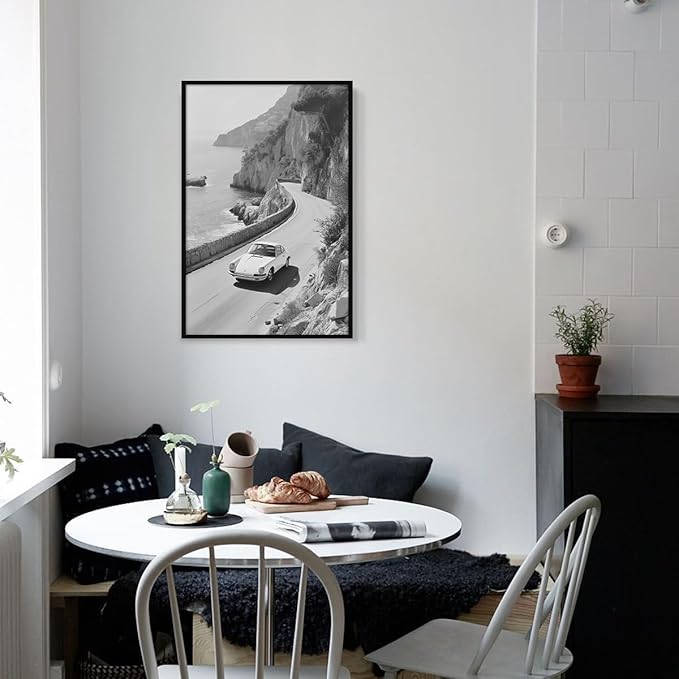 Black and White Photography Canvas Wall Art, Car Driving In Amalfi Coast Poster, Vintage Italy Coastal Travel Photo Print, Classic Car Picture for European Road Adventures 16x24in Framed