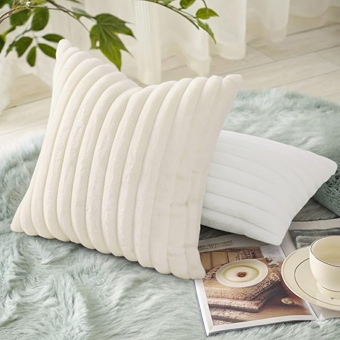 decorUhome Faux Fur Spring Throw Pillow Covers 26x26 Set of 2, Decorative Soft Plush Striped Neutral Couch Euro Sham Pillow Covers with Velvet Back for Sofa, Bed, Living Room Home, Cream White