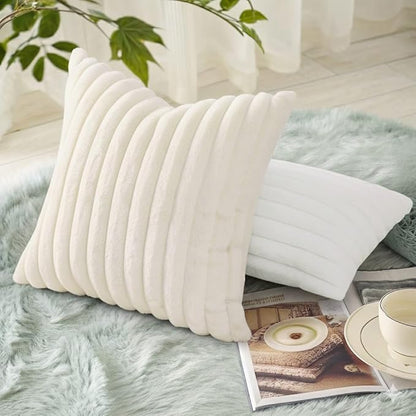 decorUhome Faux Fur Spring Throw Pillow Covers 22x22 Set of 2, Decorative Soft Plush Striped Neutral Couch Euro Sham Pillow Covers with Velvet Back for Sofa, Bed, Living Room Home, Cream White