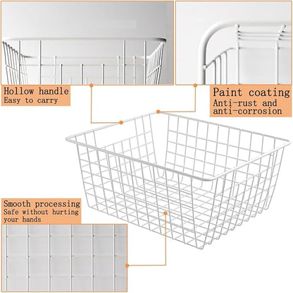3 Pack Freezer White Wire Baskets for Organizing Office Wire Storage Basket with Built-in Handles, 14" Large White Metal Baskets for Pantry Freezer Kitchen Cabinets