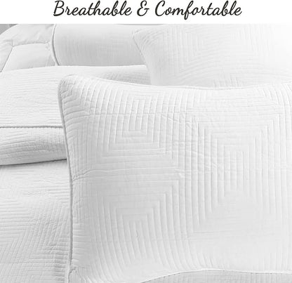 Cozy Line Home Fashions 100% Cotton Square Check Stitch Solid White Quilt Bedding Set, Bedspread Coverlet Lightweight for All Seasons (Maze - White, Twin - 2 Piece)