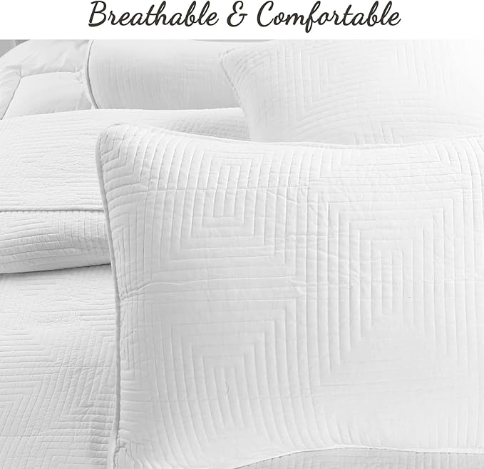 Cozy Line Home Fashions 100% Cotton Square Check Stitch Solid White Quilt Bedding Set, Bedspread Coverlet Lightweight for All Seasons (Maze - White, King - 3 Piece)