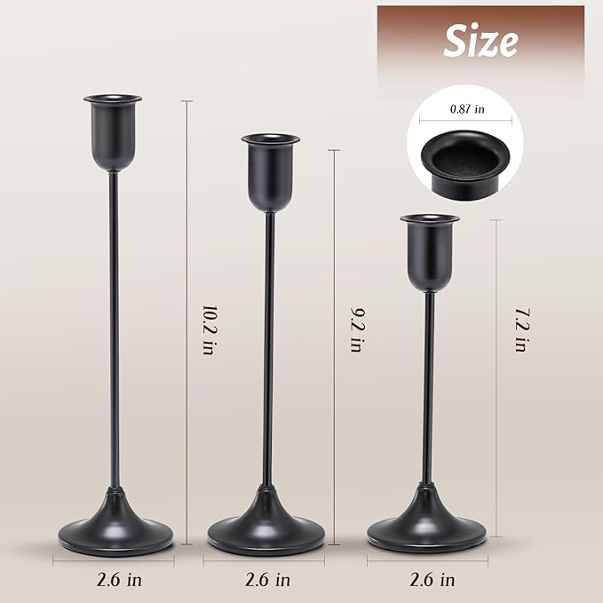 Black Tall Candle Candlestick Holder, 3PCS Taper Pillar Candle Sticks Stand Holders Decor, Centerpiece Dining Table Wedding Festive Fireplace Mantle Vintage Room Decorations, Housewarming Gift