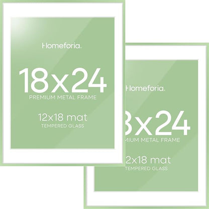Homeforia 18x24 Frame Sage Green, High End Metal 18x24 Poster Frames with Mat 16x20 inch Photo, 18 x 24 Sage Green Picture Frame Matted to 16 by 20 Art, 24x18 Frame, Tempered Glass, Wall Kit, Set of 2