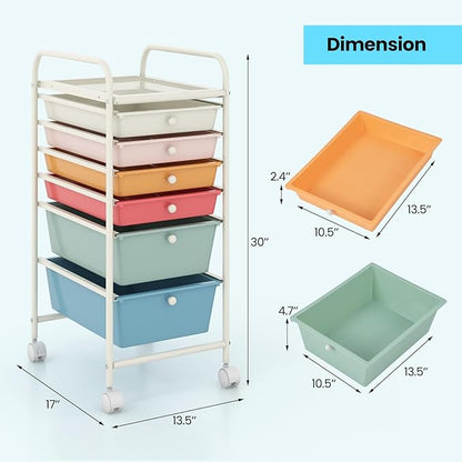 Giantex 6 Storage Drawer Cart Rolling Organizer Cart for Tools Scrapbook Paper Home Office School Multipurpose Mobile Utility Cart (Macaron)
