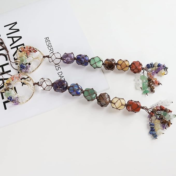 2 Pieces of 7 Chakras Healing Crystals and Tree of Life Wall Hanger Tumbled Gemstones Meditation Hanging Ornament Christmas Tree Memorial Hanging Pendant (Style 4)