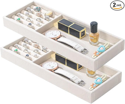 2Pcs Desk Drawer Storage Tray, Nightstand Organizer, Necklace Bracelet Ring Earring Jewelry Display, Grid Table Organizer Holder for Sunglass, Phone, Watch, Perfume (2 grid)/Beige