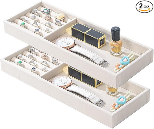 2Pcs Desk Drawer Storage Tray, Nightstand Organizer, Necklace Bracelet Ring Earring Jewelry Display, Grid Table Organizer Holder for Sunglass, Phone, Watch, Perfume (2 grid)/Beige