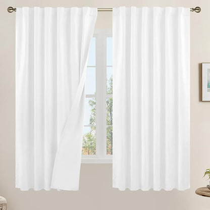 LAMIT 100% White Blackout Curtains for Bedroom, 63 Inches Polyester Textured Thermal Curtains Back Tab and Rod Pocket Burlap Panels with White Liner for Farmhouse/Living Room, 2 Panels, 52 x 63 Inch