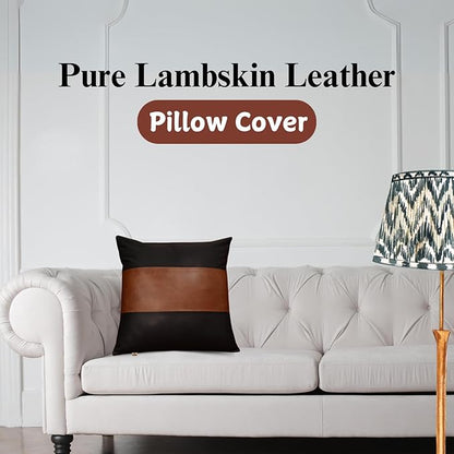Lambskin Leather Pillow Cover - Sofa Cushion Case - Decorative Throw Covers for Living Room & Bedroom, 18x18 Inches - Black and Tan Crunch Plain Pack of 2