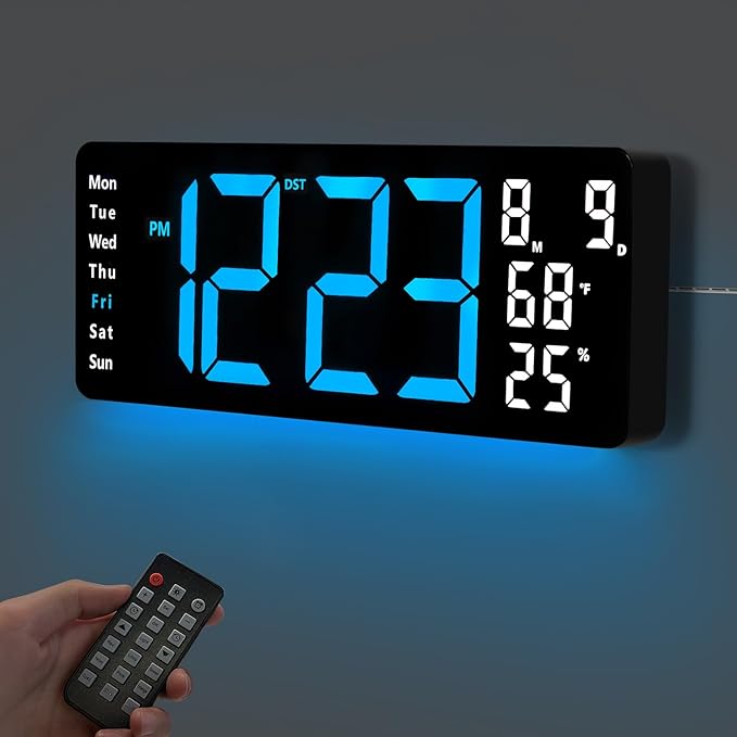 17.5” Digital Wall Clock, LED Display with Time, Date, Month, Temperature & Humidity, Remote Control DST, Alarm, Timer, 10-Level Brightness, Night Light for Home, Living Room, Bedroom & Office Décor