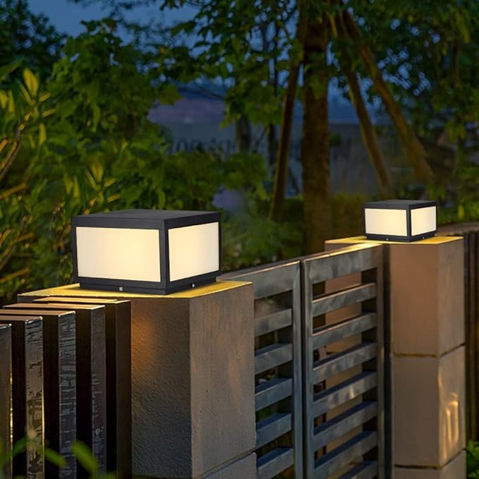 Outdoor Modern Stainless Steel Post Light, LED Fence Deck Cap Light Lantern Column Lamp for Flat Surface Patio Garden Decoration with IP54 Waterproof E26 Bulb (W11.8*H6.5 110V)