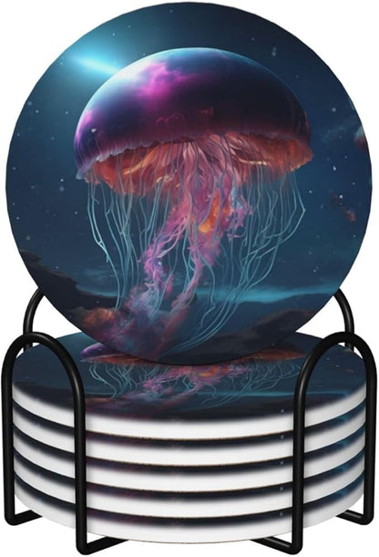 6 Pcs Ceramic Coasters with Holder Absorbent Drink Round Fantasy Mountains Galaxy Gellyfish Design for Home Table Coffee Cup Wine Beer Bar,Size 4.4 inches