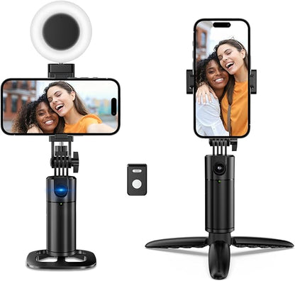 Auto Face Tracking Tripod 360 Rotation iPhone Desk Stand. Cell Phone Photo Vlogging Kit with Remote & Gesture Control. Rechargeable Smart Shooting Selfie Fill Light Stand for Live Record Tiktok No App