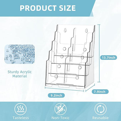 Acrylic Brochure Holder 8.5 x 11 inch, 4 Tier Magazine Stand Clear Literature Organizer Pamphlet Holder with Removable Divider for 4 x 9 inch Brochures for Wall Mount or Desktop