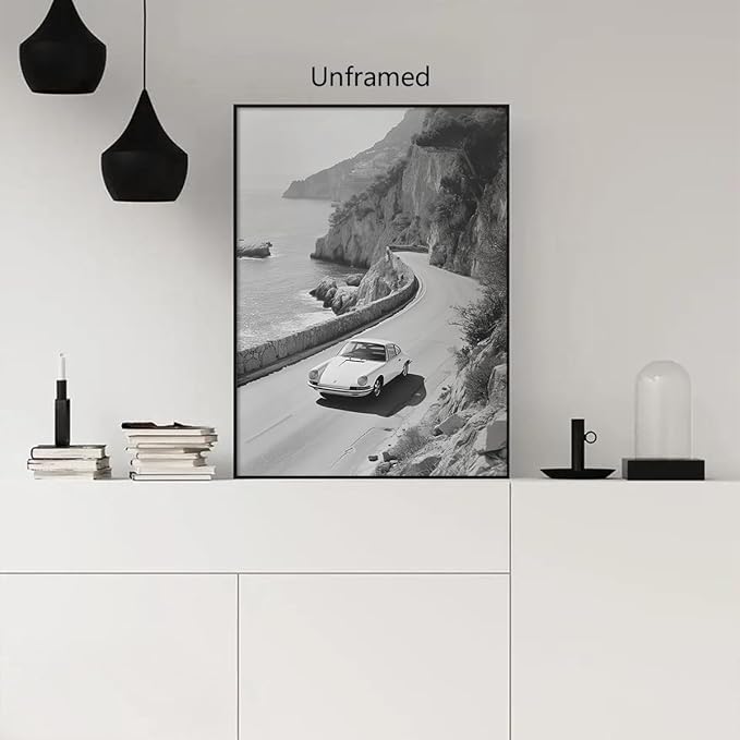 xbsifyiooa Black and White Photography Canvas Wall Art, Car Driving In Amalfi Coast Poster, Vintage Italy Coastal Travel Photo Print, Classic Car Picture for European Road Adventures 12x16in Unframed