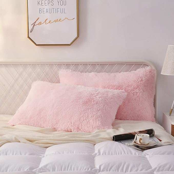 Uhamho Set of 2 King Faux Fur Throw Pillow Covers Fluffy Soft Velvet Decorative Pillowcases Zipper Closure(20 x 36 Inches Pink)