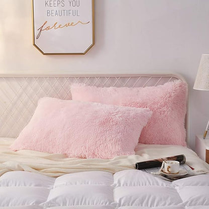 Uhamho Set of 2 King Faux Fur Throw Pillow Covers Fluffy Soft Velvet Decorative Pillowcases Zipper Closure(20 x 36 Inches Pink)