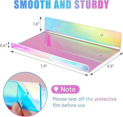 NiHome 2-Pack Medium Iridescent Acrylic Floating Shelves with Edge, 7.9"x4.5" Rainbow Ledge Shelf Adhesive & Screw Wall Mounting Phone Holder Shelf for Home Décor, Bathroom, Kitchen and Office
